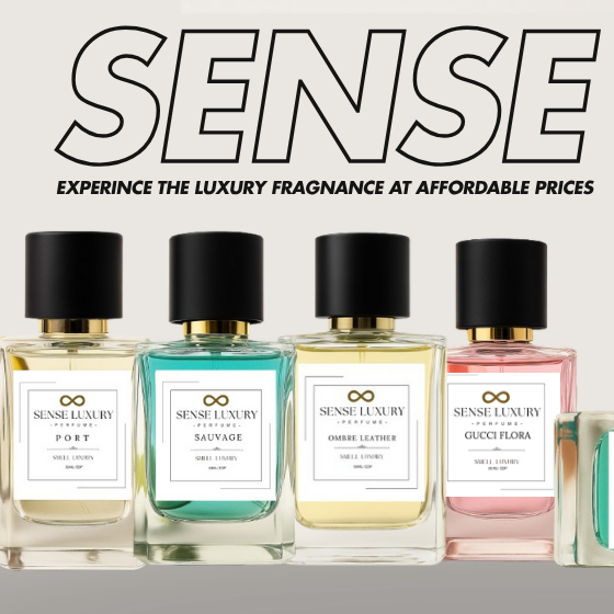 Perfume bottles with a shopping cart and 'SENSE' branding on a gray background